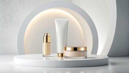 Elegant cosmetic trio displayed on a minimalist stand beauty studio product photography modern close-up aesthetic appeal