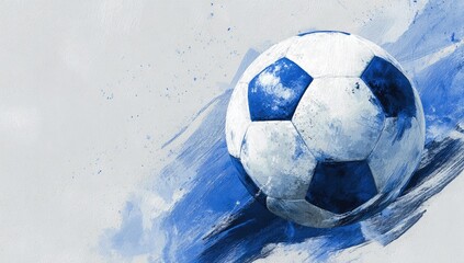 Naklejka premium A stylized soccer ball, predominantly white with blue pentagonal panels, is depicted in dynamic motion, set against a gray-blue abstract watercolor backdrop suggesting speed and energy
