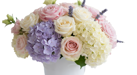 A romantic bouquet of soft pink roses and dreamy hydrangeas brings a touch of spring s elegance in a white vase against