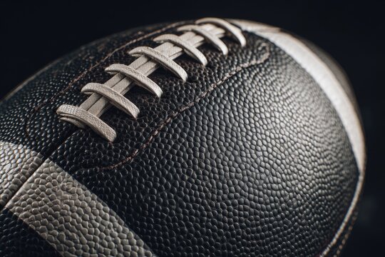 Close-up of a dark-brown leather American football, showcasing its textured surface, white laces, and subtle white stripes against a stark black background