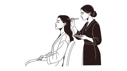 Stylist meticulously braids long dark hair of a seated woman in a traditional japanese kimono