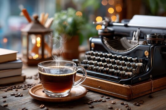 Vintage Typewriter, Coffee, and Books on Desk - Powered by Adobe