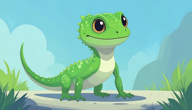 Cute lizard illustration, light green, cartoon style, outdoors