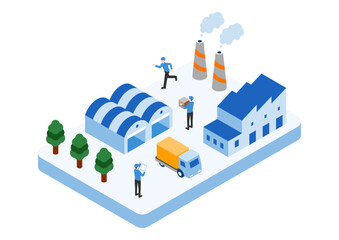 工場と物流のアイソメトリックイラスト（倉庫・トラック・作業員）