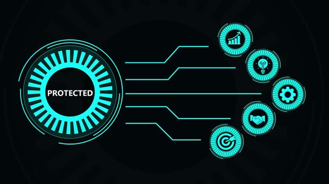 Animated cyber security shield with protected text and futuristic design