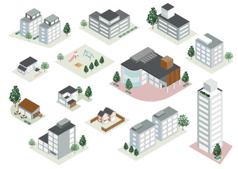 アイソメトリック街並みイラストセット（住宅・ビル・公園）