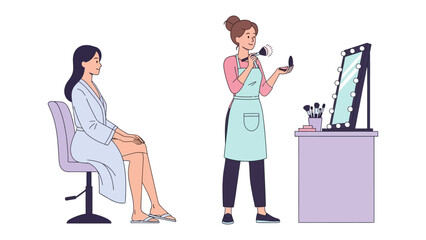 Professional makeup artist applying cosmetics to a client in a salon setting with a vanity and mirror