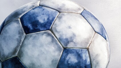Close-up of a weathered soccer ball with a watercolor effect, predominantly blue and white hues against a blurred background