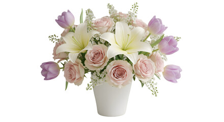 A delicate bouquet of roses tulips and lilies in a white vase conveying love and sympathy with a clean black studio
