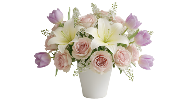 A delicate bouquet of roses tulips and lilies in a white vase conveying love and sympathy with a clean black studio