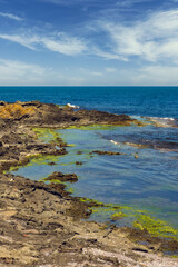 Rocky coastline with patches of vibrant green seaweed along the shallow shoreline. The turquoise ocean meets the horizon under a blue sky with wispy clouds. Evoking a serene seaside landscape.