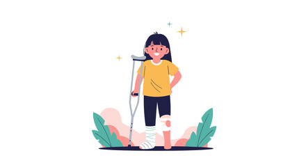 Young girl with broken leg and crutches recovering from injury standing proudly amidst nature elements