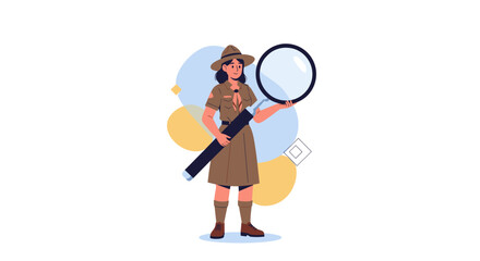 Young explorer girl scout with magnifying glass discovering hidden treasures and secrets of the natural world