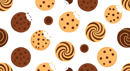 Fototapeta premium A delicious assortment of baked goods featuring chocolate chip and swirl cookies with a bitten edge