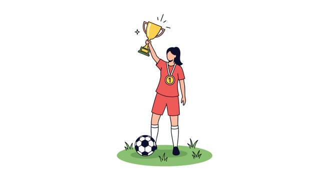 A female soccer player victoriously holds a championship trophy above her head during a match