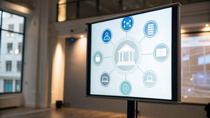 A digital presentation displaying interconnected icons related to governance, technology, and security concepts in a modern indoor setting.