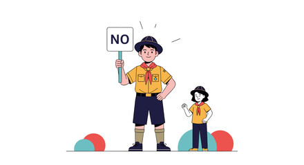 Two young scouts standing firm and holding up a no sign with authority and confidence