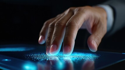A hand scanning a fingerprint on a digital interface, highlighting biometric technology.