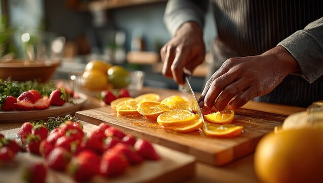 Close-up of person slicing oranges on a wooden cutting board, surrounded by fruit