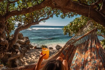Naklejka premium Relaxation on a beach, with a beverage, viewed through hammock & tree branches