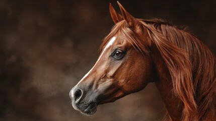 Obraz premium Majestic brown horse with flowing mane stands against a softly blurred background during golden hour