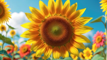 Obraz premium Bright sunflower with yellow petals and brown center in a field of colorful flowers under a blue sky with clouds.