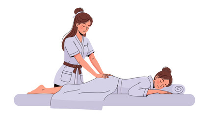 Therapist kneeling and performing a relaxing back massage on a person lying down