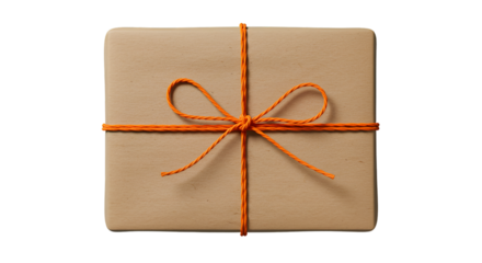 A neatly wrapped surprise anticipation builds with a kraft paper gift box tied with bright orange string captured in a