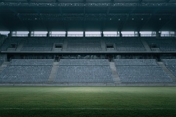 Obraz premium Empty stadium with tiered seating and a short-cropped green field, under a gloomy sky