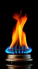 Vibrant Blue and Orange Flames Dance on a Gas Stove Burner Against a Dark Background