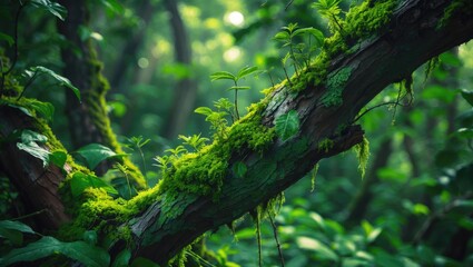 Lush green moss and plants growing on a tree branch in a dense forest.