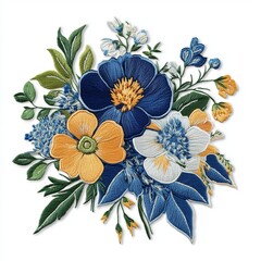 Blue boudquet flower patch embroidery sewing cloth, isolated white