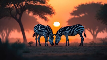Obraz premium Two zebras grazing at sunset in a savanna landscape.
