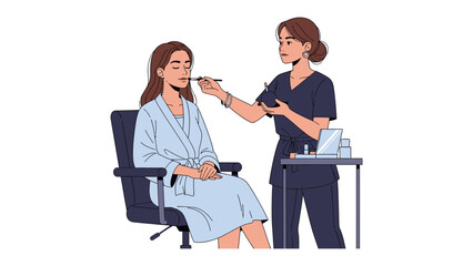 Professional makeup artist applying lipstick to a seated client in a white studio setting