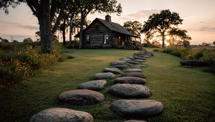 Rustic cabin nestled in a meadow, stone path leading to the entrance at sunset