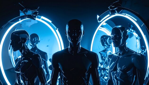 Futuristic Assembly Humanoid Figures Emerging from Illuminated Portals in a Sci-Fi Setting