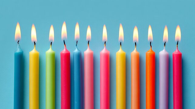 Colorful birthday candles burning in a row, celebrating joy and light