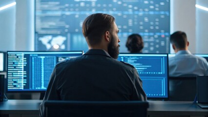 A focused individual analyzes data on multiple screens in a modern digital workspace, showcasing a tech-driven environment.