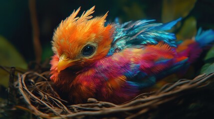 Fototapeta premium Adorable colorful baby bird in nest