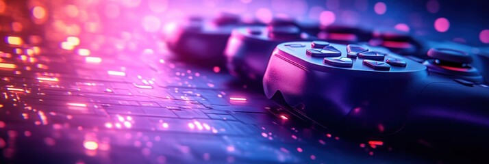 Video game controllers in neon lighting