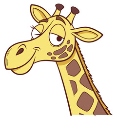 Cartoon giraffe with a sly expression and a mischievous smile looking to the side