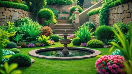 A lush garden with vibrant flowers, neatly trimmed bushes, stone stairs, and a central fountain creating a peaceful outdoor space.