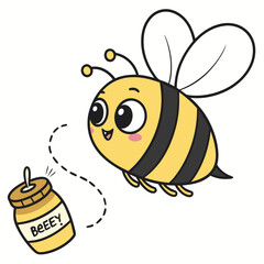 Cute cartoon bee flying happily towards a jar of honey with the word beeey written on it