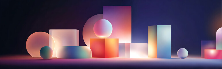 Fototapeta premium Abstract Futuristic AI Workspace with Glowing Geometric Shapes, Minimal Vector Illustration on Clean Gradient Background, Ideal for Tech - themed Projects