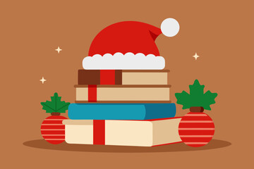 Stack of books wearing a santa hat with festive decorations