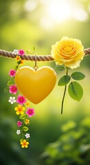 Yellow Heart and Yellow Rose Hanging on Rope with Small Flowers image