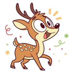 Cute cartoon fawn with big eyes and antlers celebrating with confetti and stars