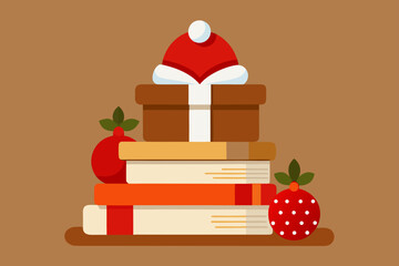 Stack of books with christmas decorations and a gift box