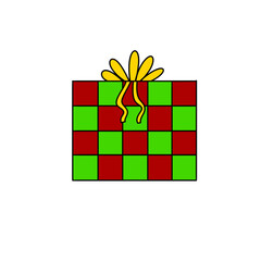 A green and red gift box with a yellow bow on top