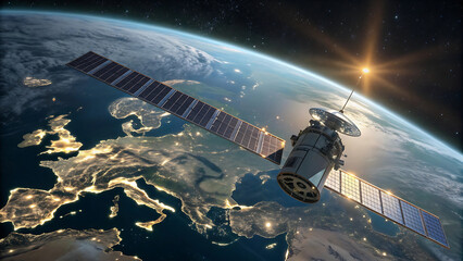 Satellite orbits Earth at night, city lights visible from space
